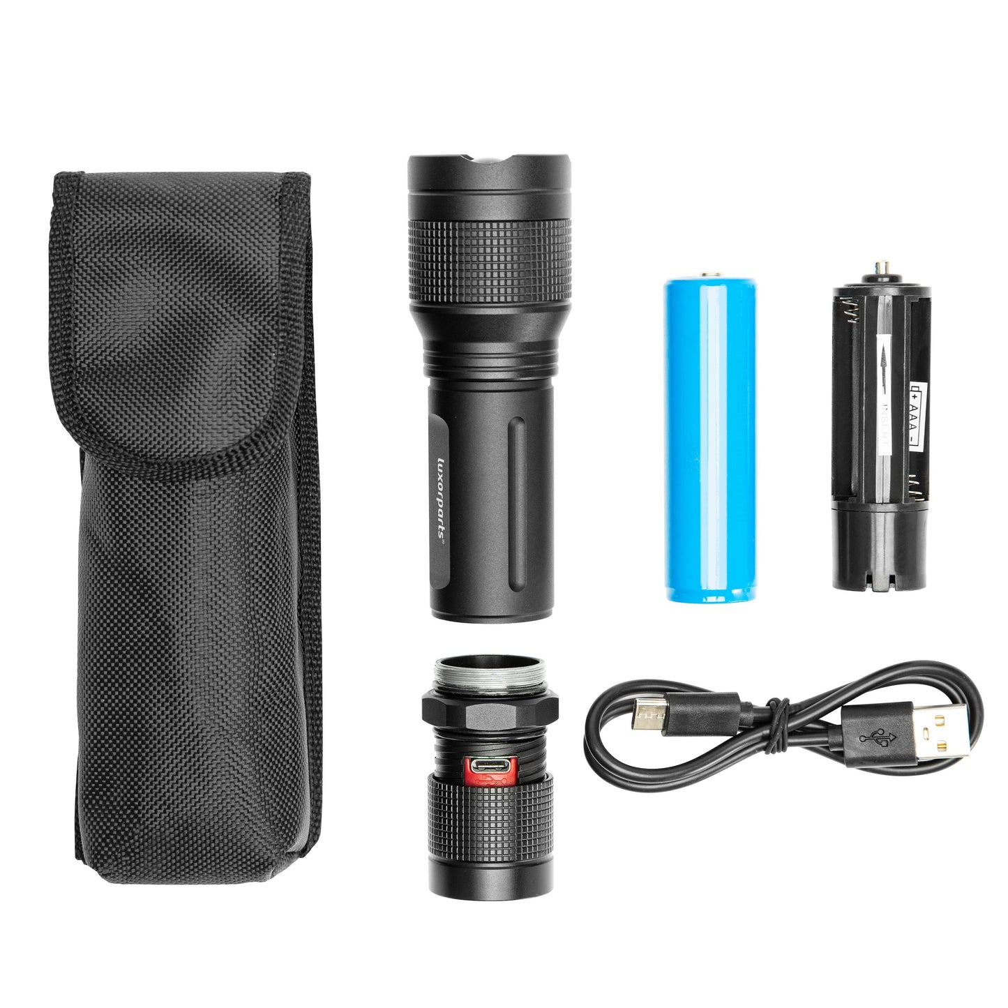 Zoom lommelygte kit 2000 lm med nylonetui, genopladeligt blåt batteri, holder, USB-kabel og aftagelig endekapsel.