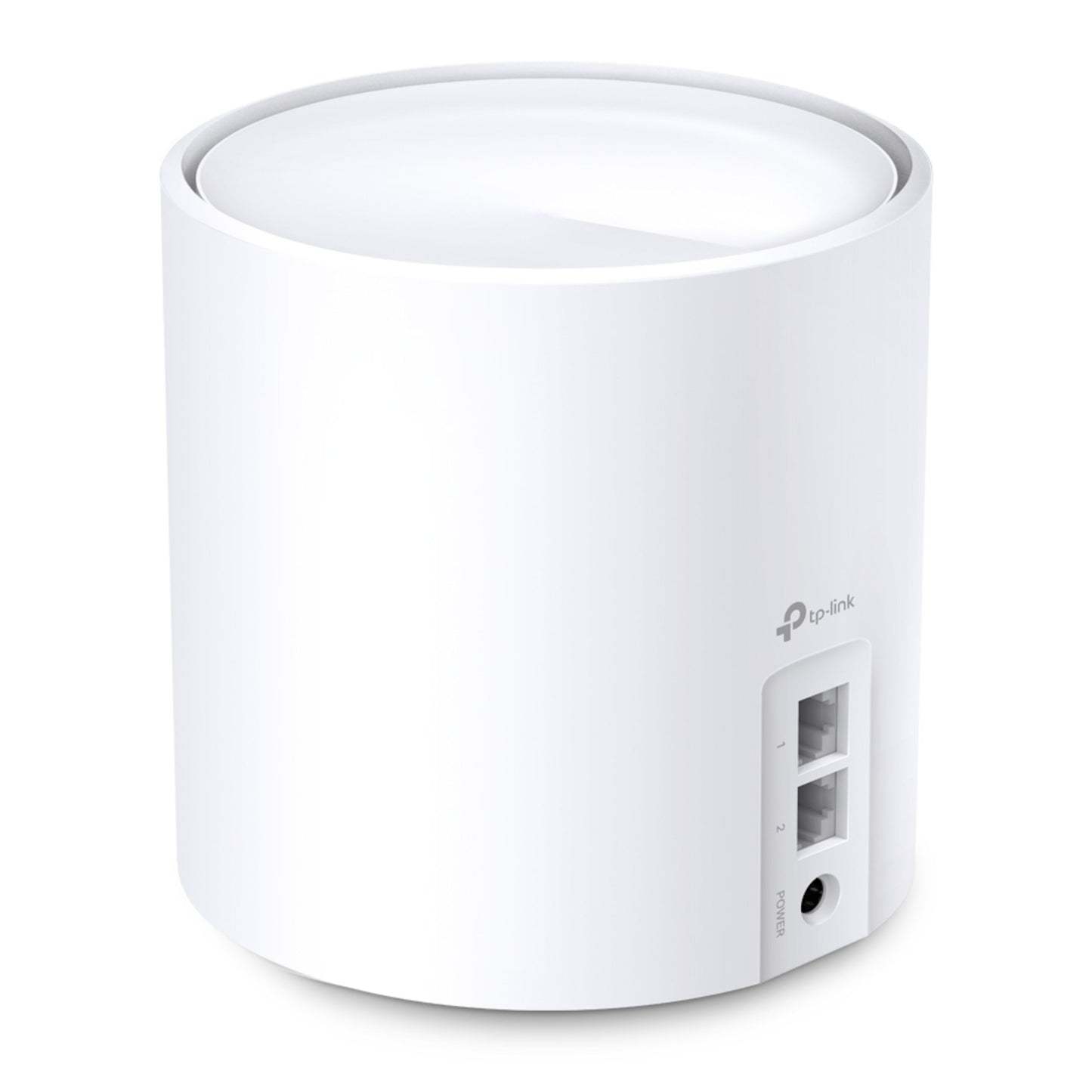 TP-Link Deco X20 AX1800 WiFi 6 mesh-node, hvid cylinder, to Ethernet-porte og power-indgang bagpå, stående model.