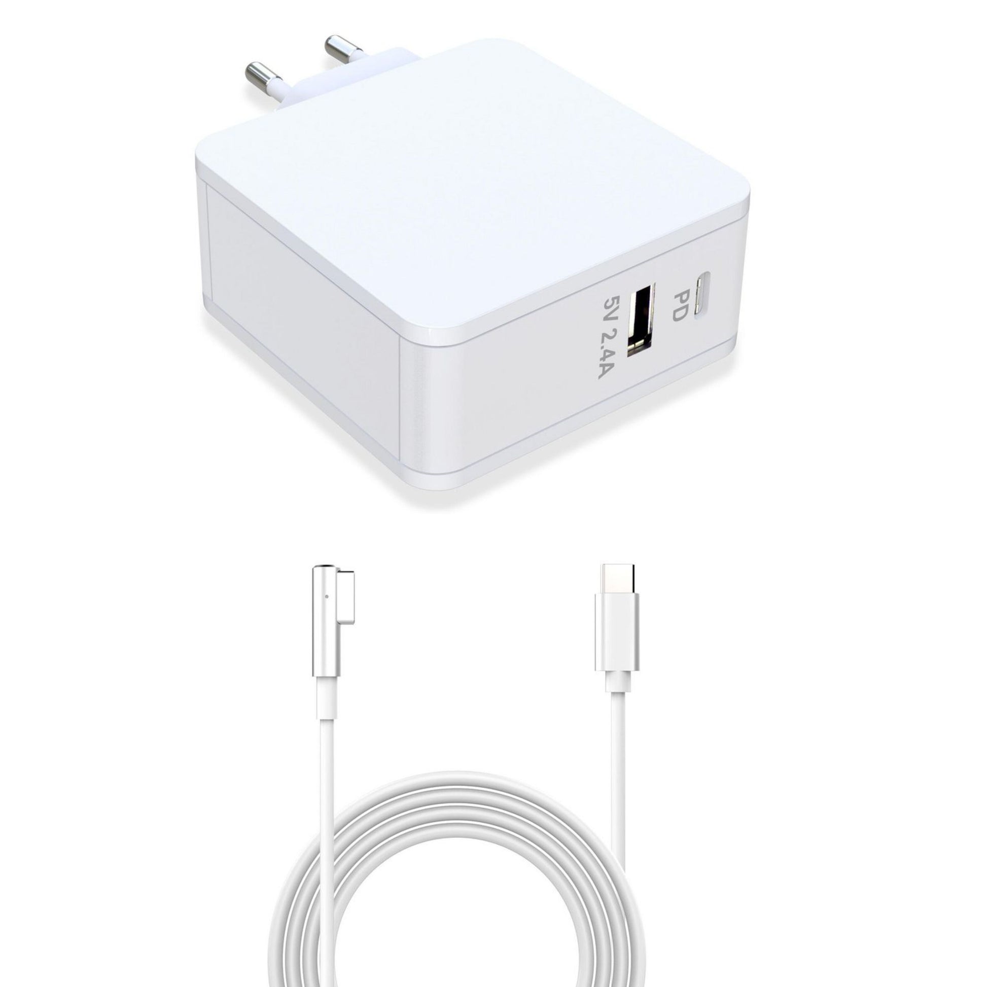 Magsafe 1-oplader med USB-C, 90W, hvid, én USB-A og én USB-C port, hvid USB-C kabel med vinkelstik.
