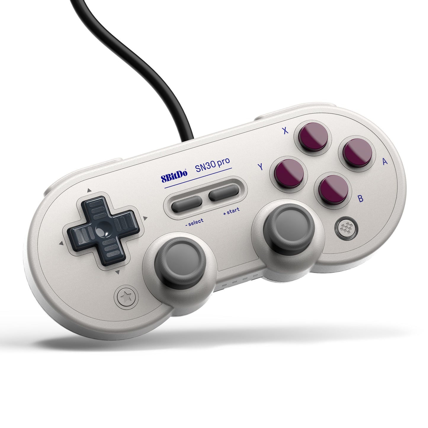 8Bitdo SN30 Pro G Edition controller, grå, USB, dobbelt analogsticks, D-pad, lilla knapper Y X B A, Nintendo Switch.