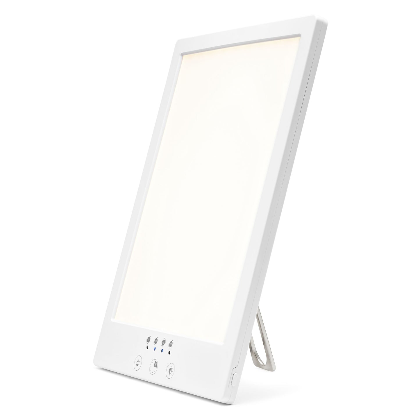 Rubicson Terapilampe 12.000 lux LED, rektangulær, UV-fri lys, kontrolknapper foran nederst, skråtstående fod.