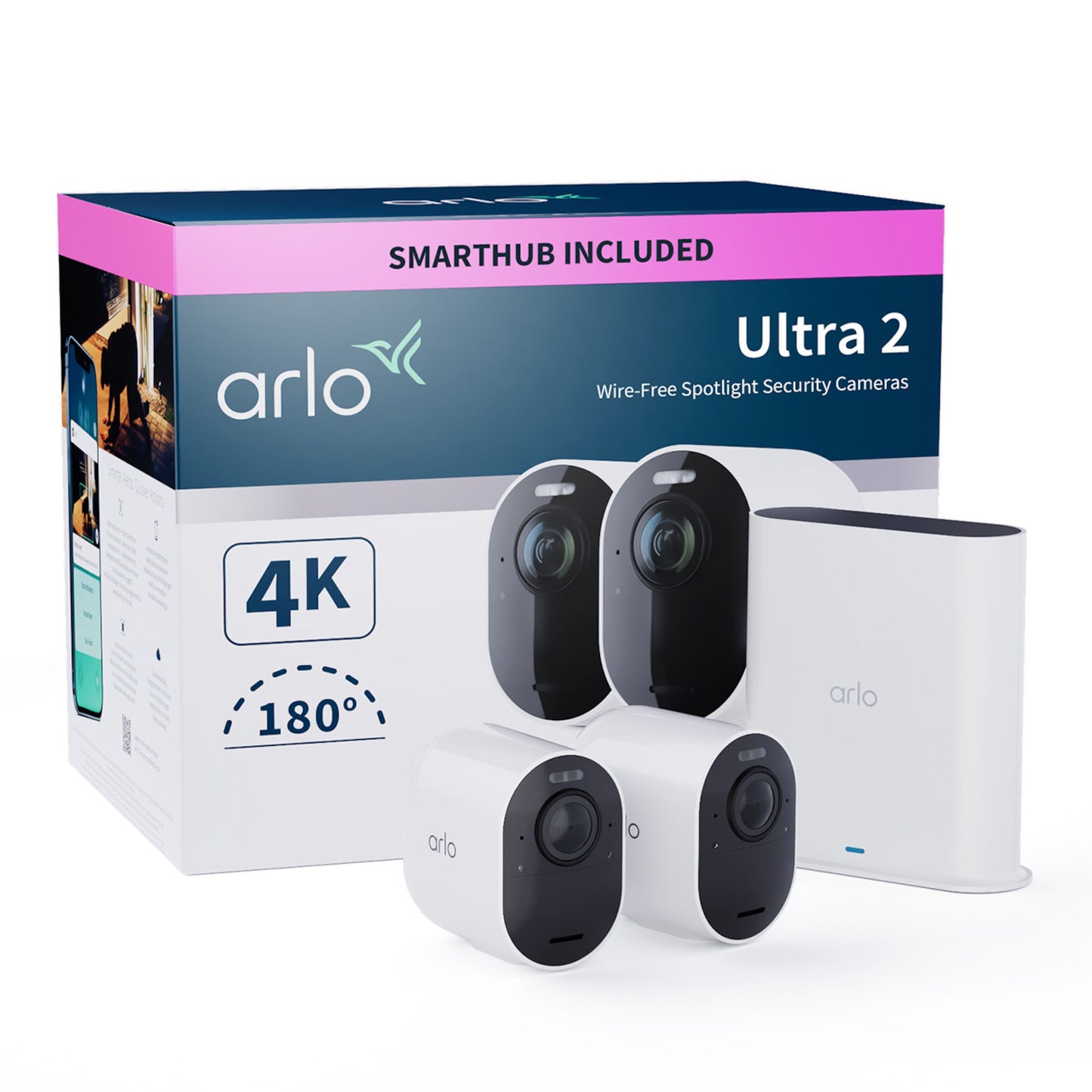 Arlo Ultra 2 Spotlight trådløs overvågningskamera 2-pak, hvid, smart hub, 4K-opløsning, 180° synsfelt på emballage.