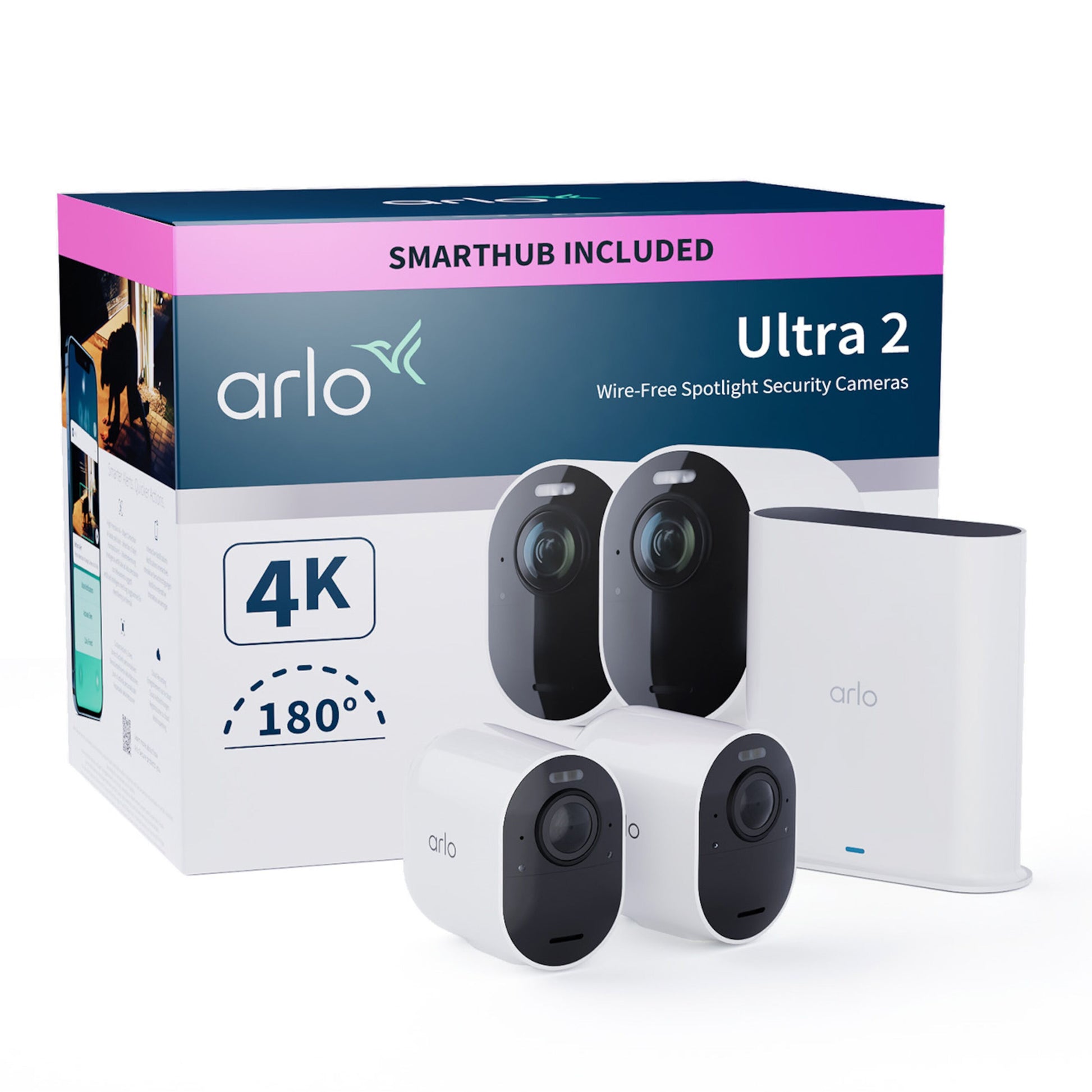 Arlo Ultra 2 Spotlight trådløs overvågningskamera 2-pak, hvid, smart hub, 4K-opløsning, 180° synsfelt på emballage.
