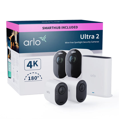 Arlo Ultra 2 Spotlight trådløs overvågningskamera 2-pak, hvid, smart hub, 4K-opløsning, 180° synsfelt på emballage.