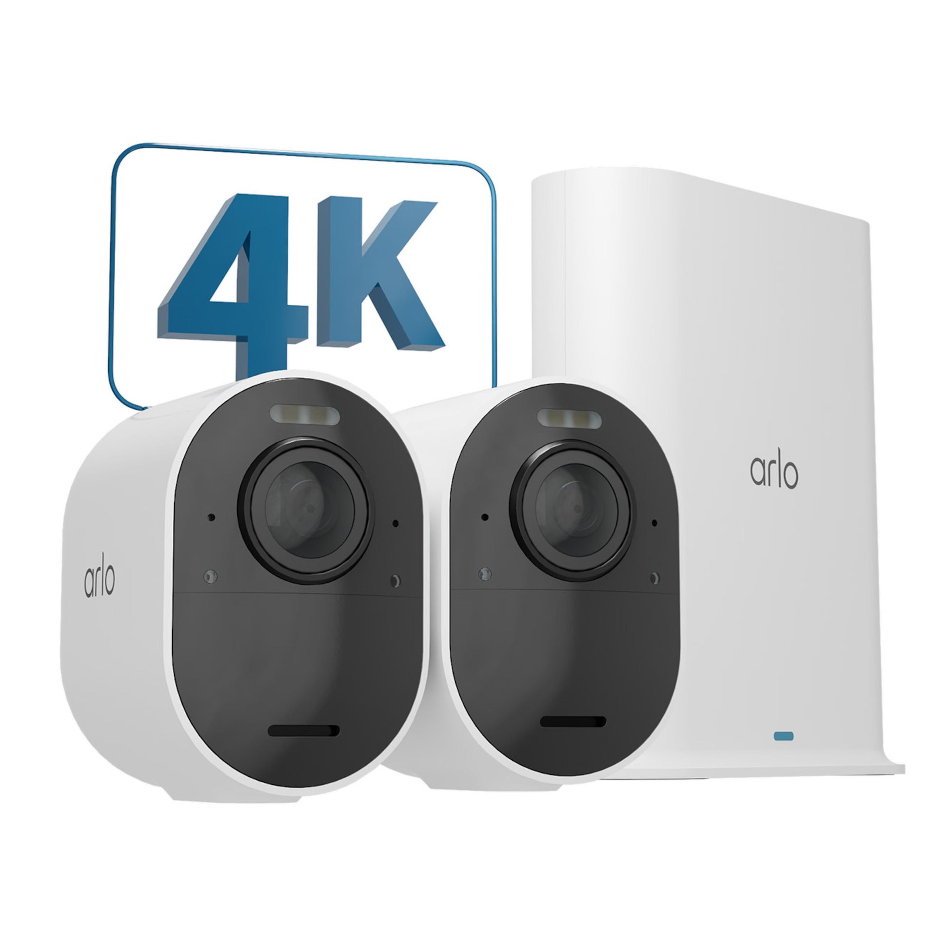 Arlo Ultra 2 Spotlight hvide trådløse overvågningskameraer og basestation ved blåt 4K-skilt.