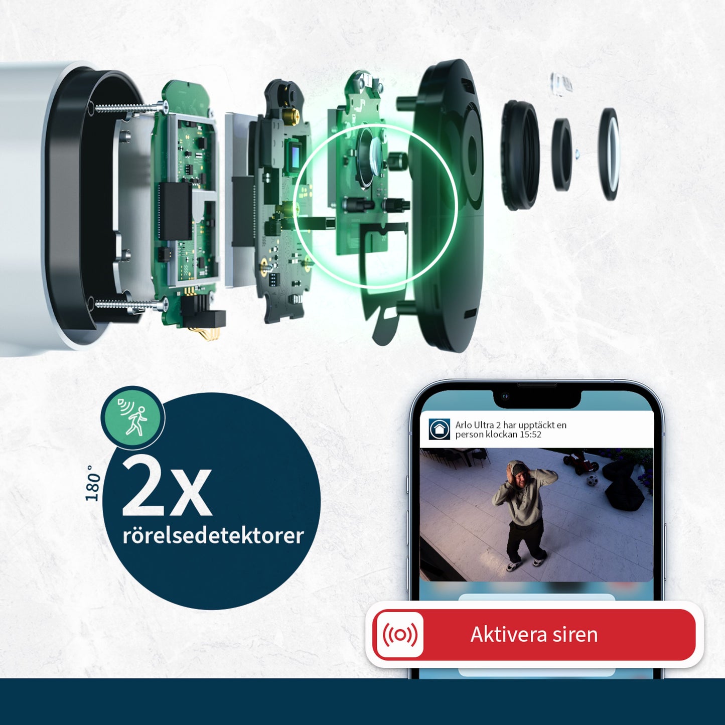 Arlo Ultra 2 Spotlight trådløs overvågningskamera 2-pak, to bevægelsessensorer, mobil med indbrudsadvarsel, "2x rörelsedetektorer.
