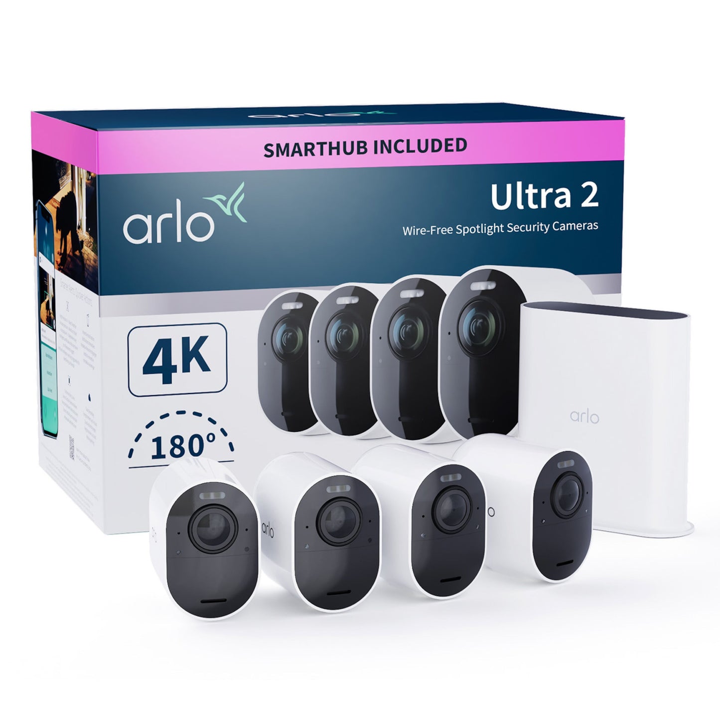 Arlo Ultra 2 Spotlight trådløs overvågningskamera 4-pack hvid med basestation, 4K-opløsning, 180° synsfelt.