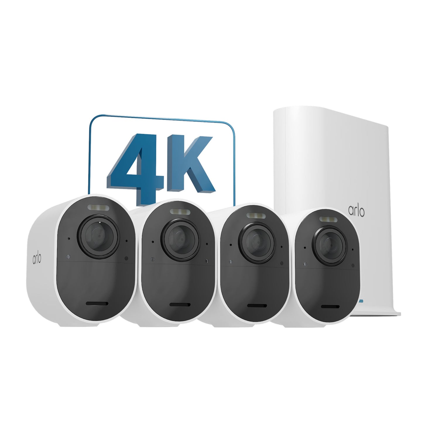 Arlo Ultra 2 Spotlight trådløse overvågningskameraer foran basestation, 4K-opløsning skilt synligt i baggrunden.