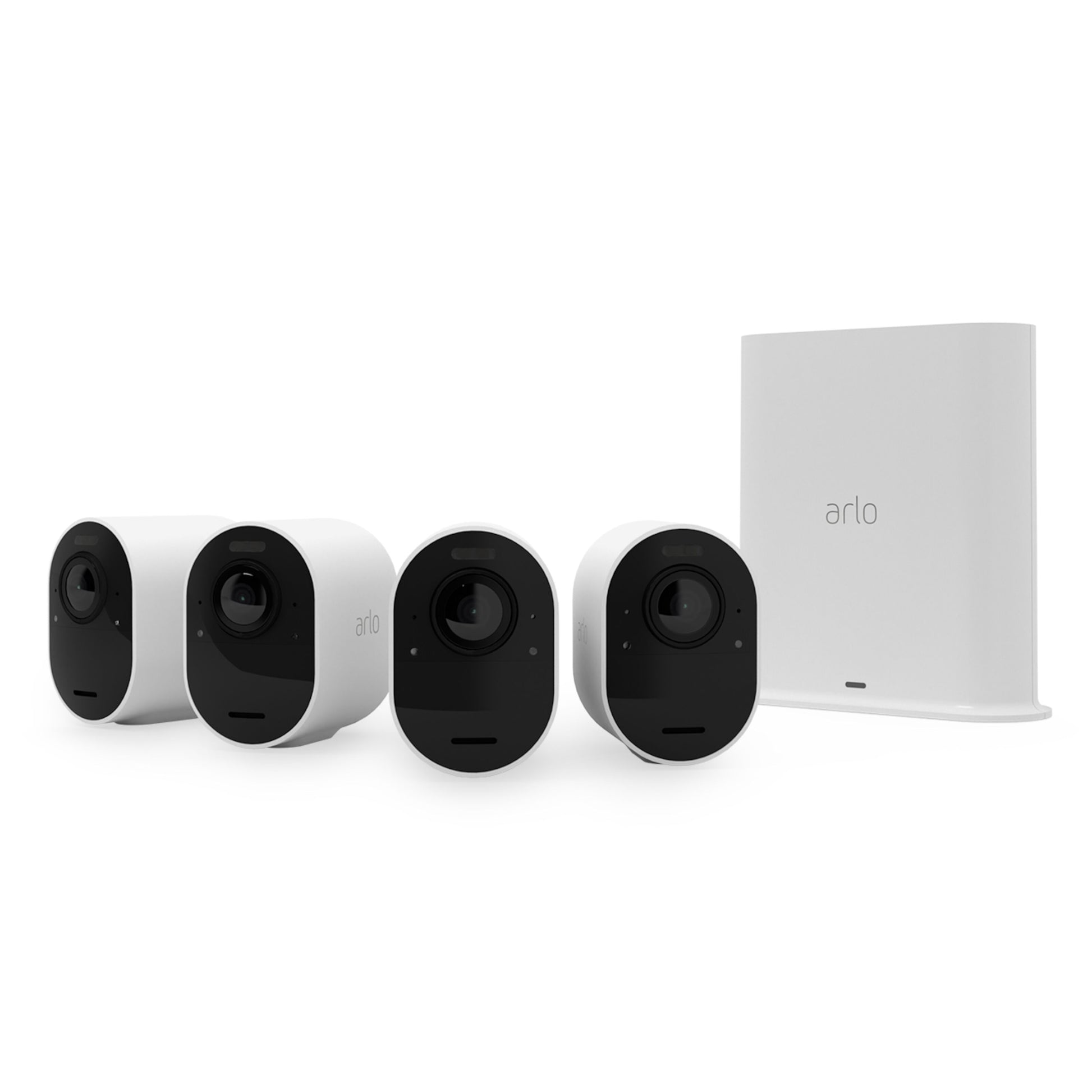 Arlo Ultra 2 Spotlight sæt med fire trådløse hvide kameraer og hvid basestation 4K-opløsning.