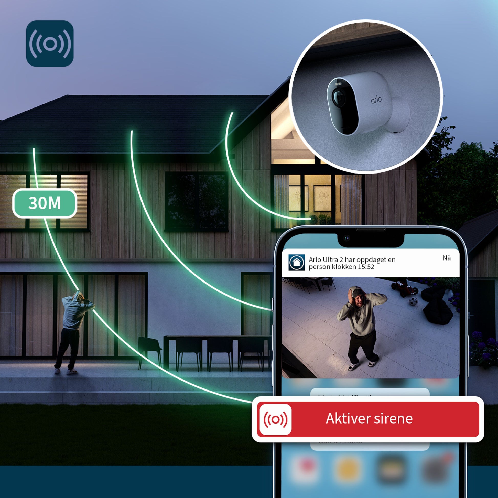 Arlo Ultra 2 Spotlight trådløs overvågningskamera 4-pack hvid, viser 4K-opløsning, sirene og 30 m rækkevidde på smartphone.