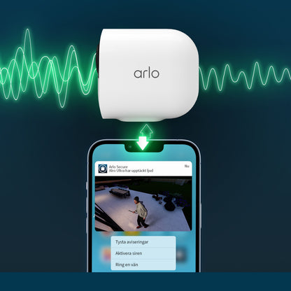 Arlo Ultra 2 Spotlight Trådløs Overvågningskamera 4-pack, hvid, grønne lydbølger over mobil med sikkerhedsnotifikation og live 4K video.
