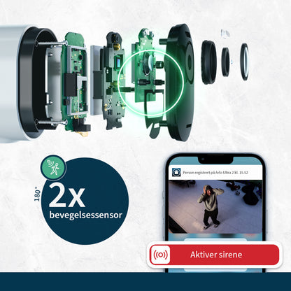 Arlo Ultra 2 Spotlight trådløs overvågningskamera 4-pack hvid, viste dele, telefon med sikkerhedsalert og 4K video, 2x bevægelsessensor.