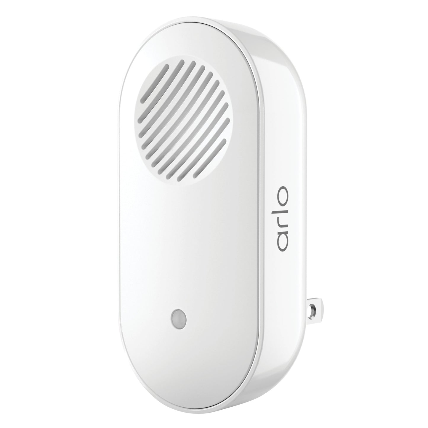 Arlo Chime 2 trådløs modtager, hvid oval med højttalergitter og indikatorlys til stikkontakt.