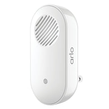 Arlo Chime 2 trådløs modtager, hvid oval med højttalergitter og indikatorlys til stikkontakt.
