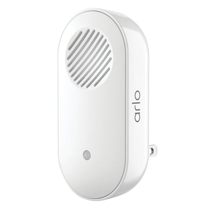 Arlo Chime 2 trådløs modtager, hvid oval med højttalergitter og indikatorlys til stikkontakt.
