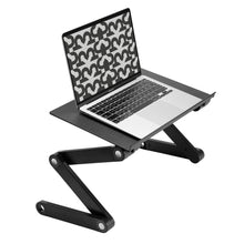 Plexgear Laptopstand, sort, justerbar med flere led, sølv laptop med sort-hvidt geometrisk mønster på skærmen.