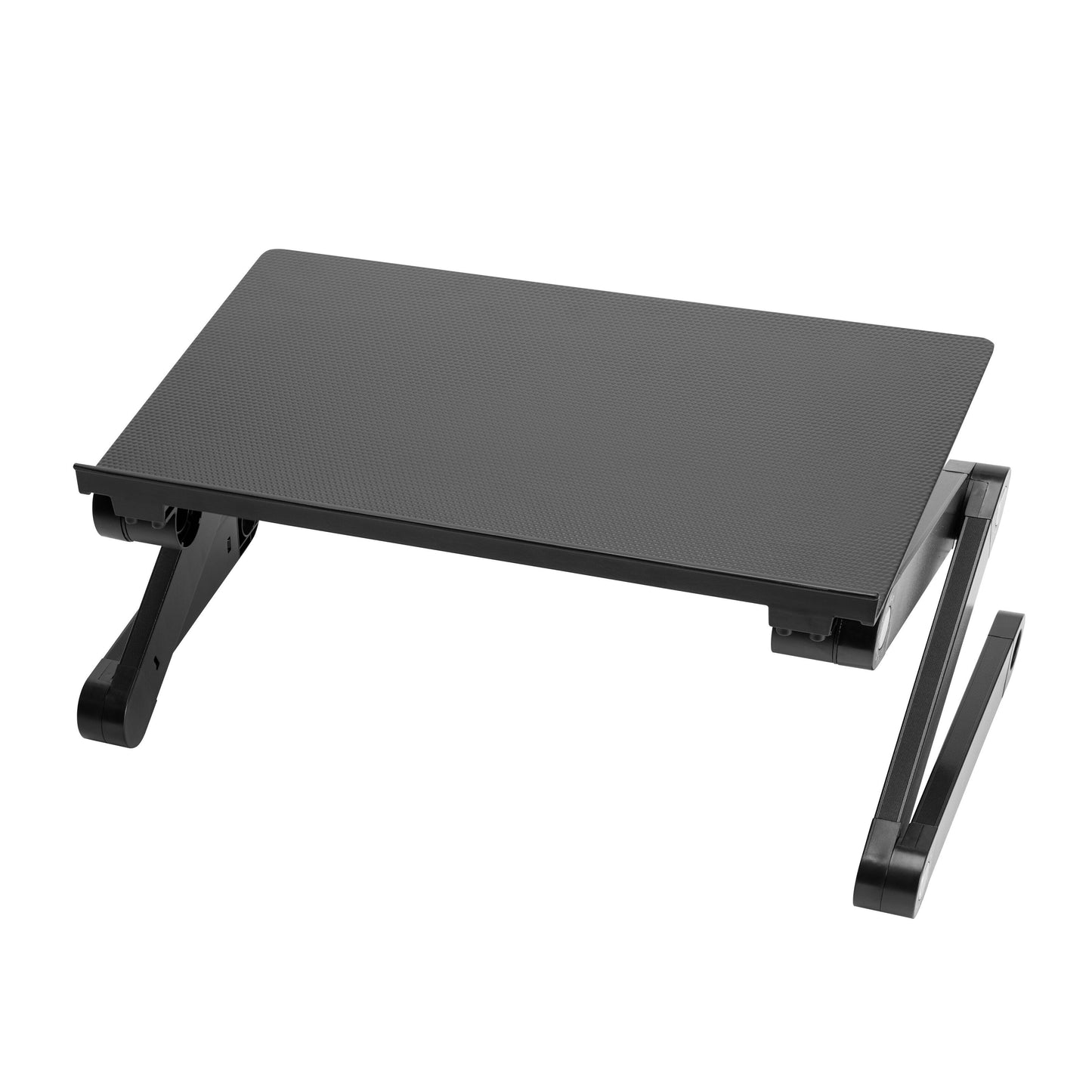 Plexgear justerbar sort laptopstativ med flad overflade og foldbare ben, delvist udvidet.