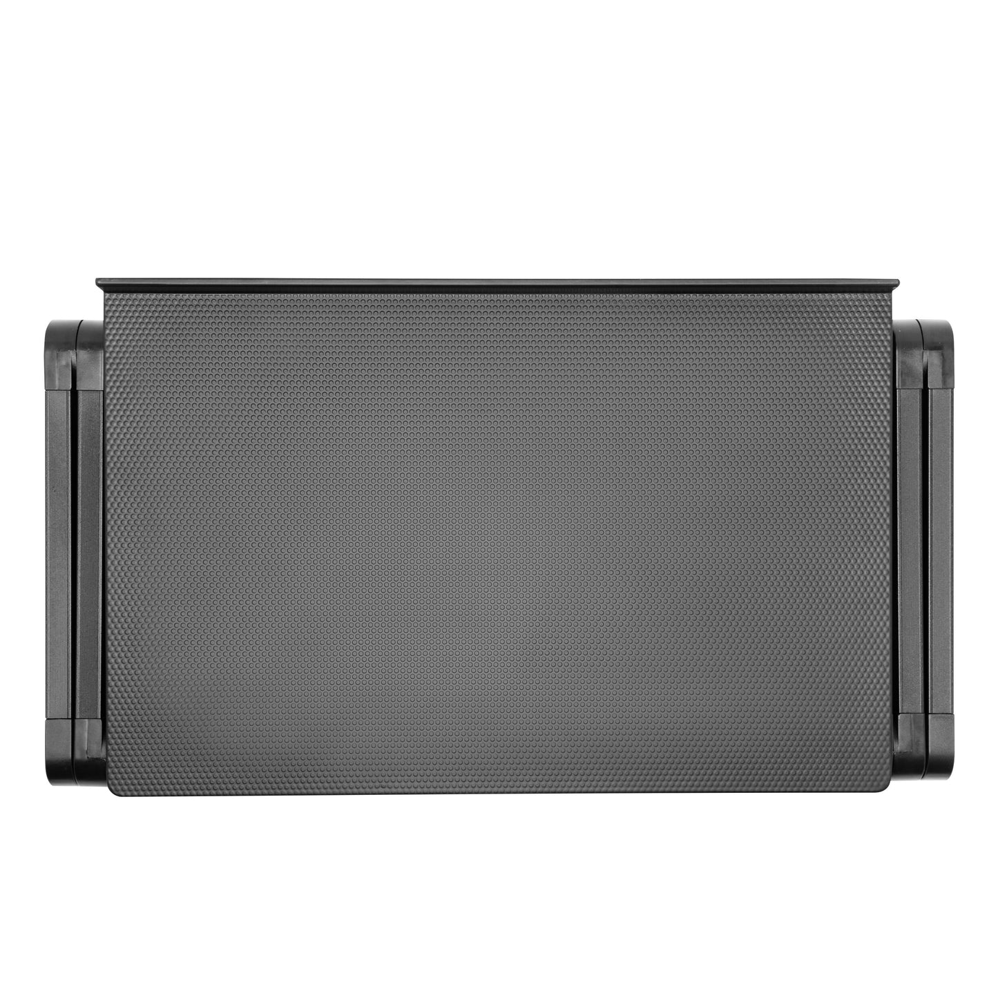 Plexgear Laptopstand, rektangulær, sort med afrundede kanter og tekstureret overflade, sæt ovnfra med foldbare ben.