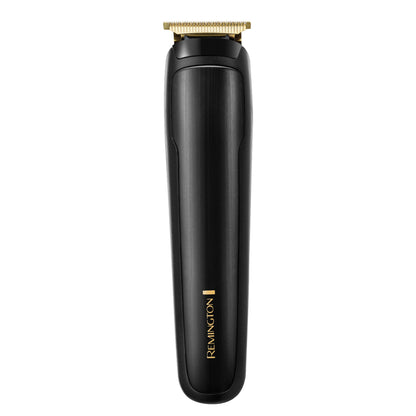 Remington MB7050 sort hår- og skægtrimmer med guld T-præcisionsblad, justerbar klippelængde, Remington-logo på skaftet.