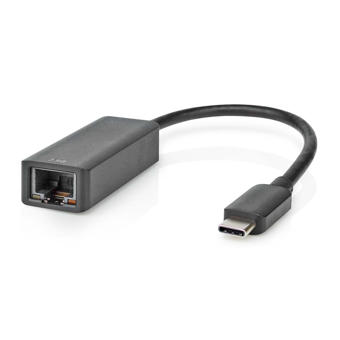 Nedis gigabit netværkskort USB-C til RJ45, sort adapter med kort kabel, understøtter kablet internet op til 2,5 Gb/s.