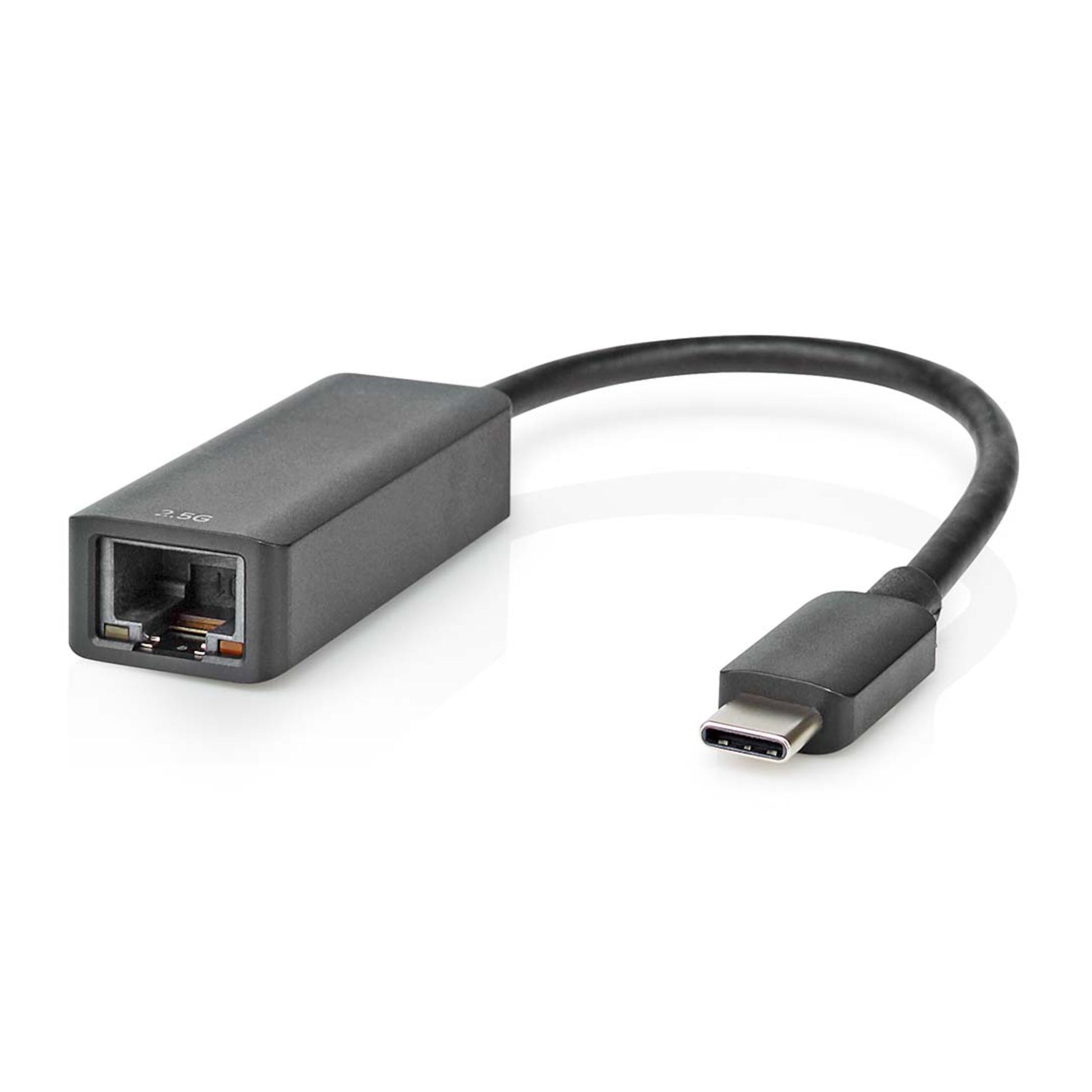 Nedis gigabit netværkskort USB-C til RJ45, sort adapter med kort kabel, understøtter kablet internet op til 2,5 Gb/s.