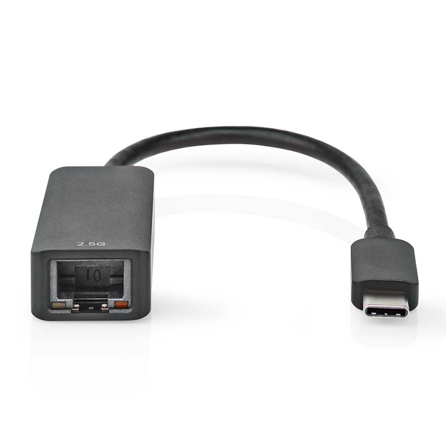 Nedis USB-C gigabit netværkskort 2,5 Gb/s sort adapter med kort fleksibelt kabel, USB-C stik og 2,5G Ethernet-port.