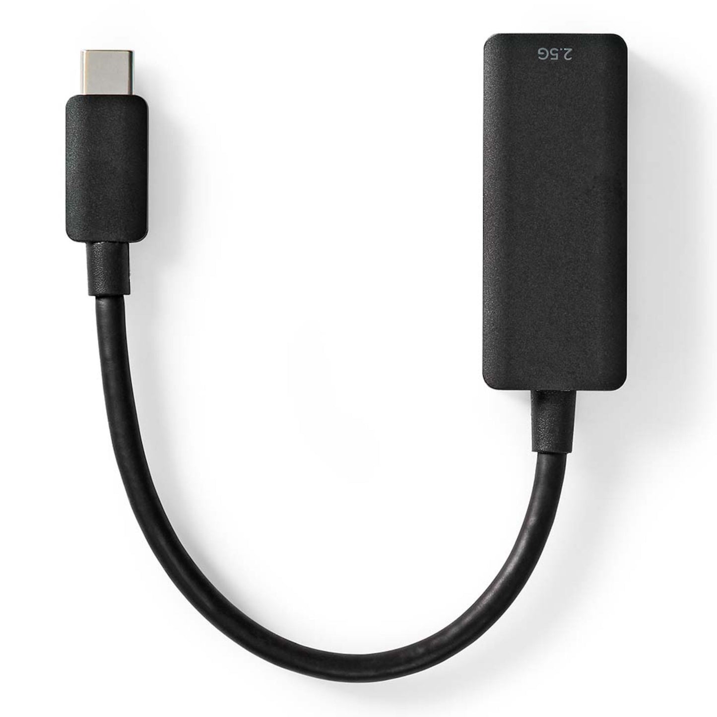 Gigabit-netværkskort USB-C 2,5 Gb/s sort adapter med kort fleksibelt kabel og rektangulært kabinet.
