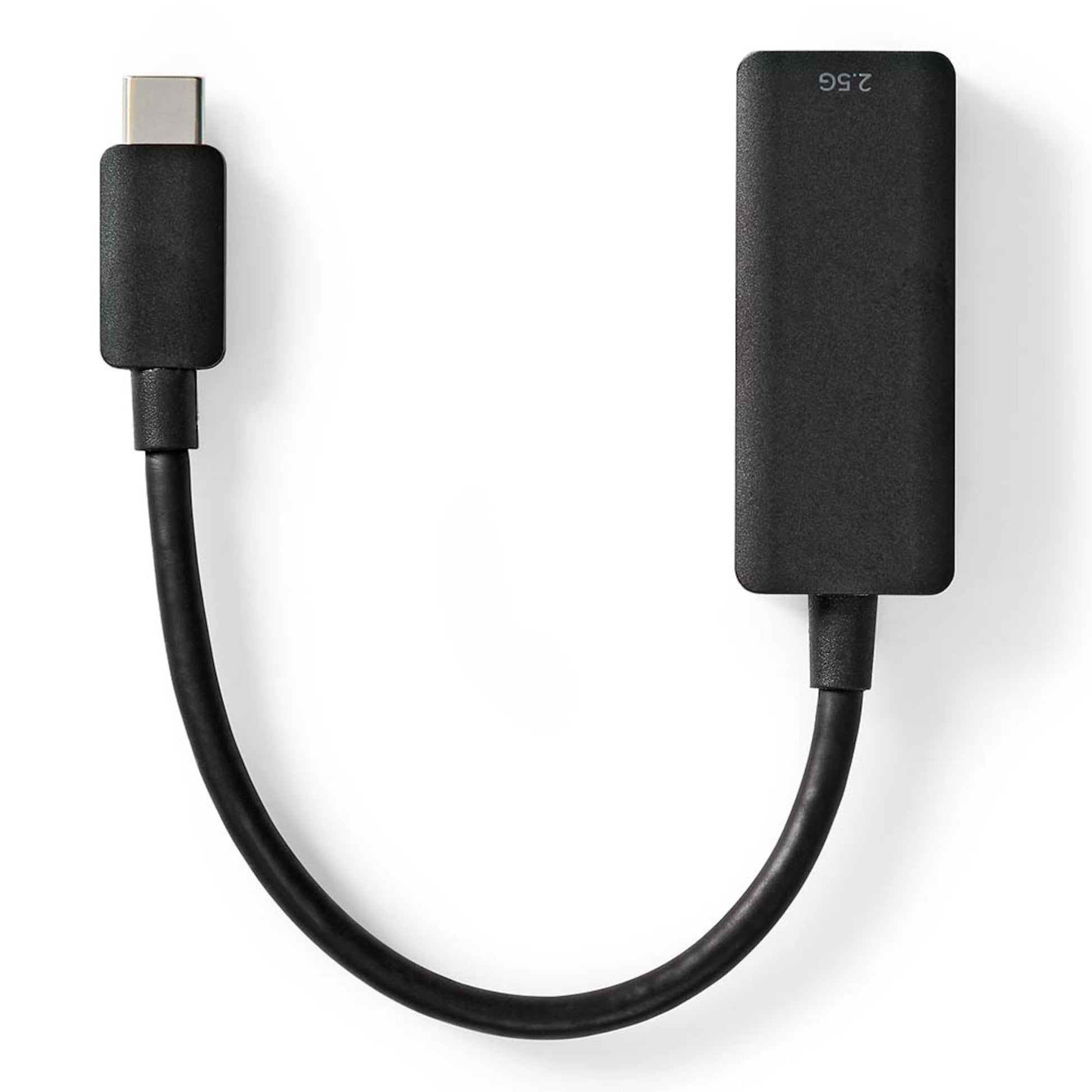 Gigabit-netværkskort USB-C 2,5 Gb/s sort adapter med kort fleksibelt kabel og rektangulært kabinet.