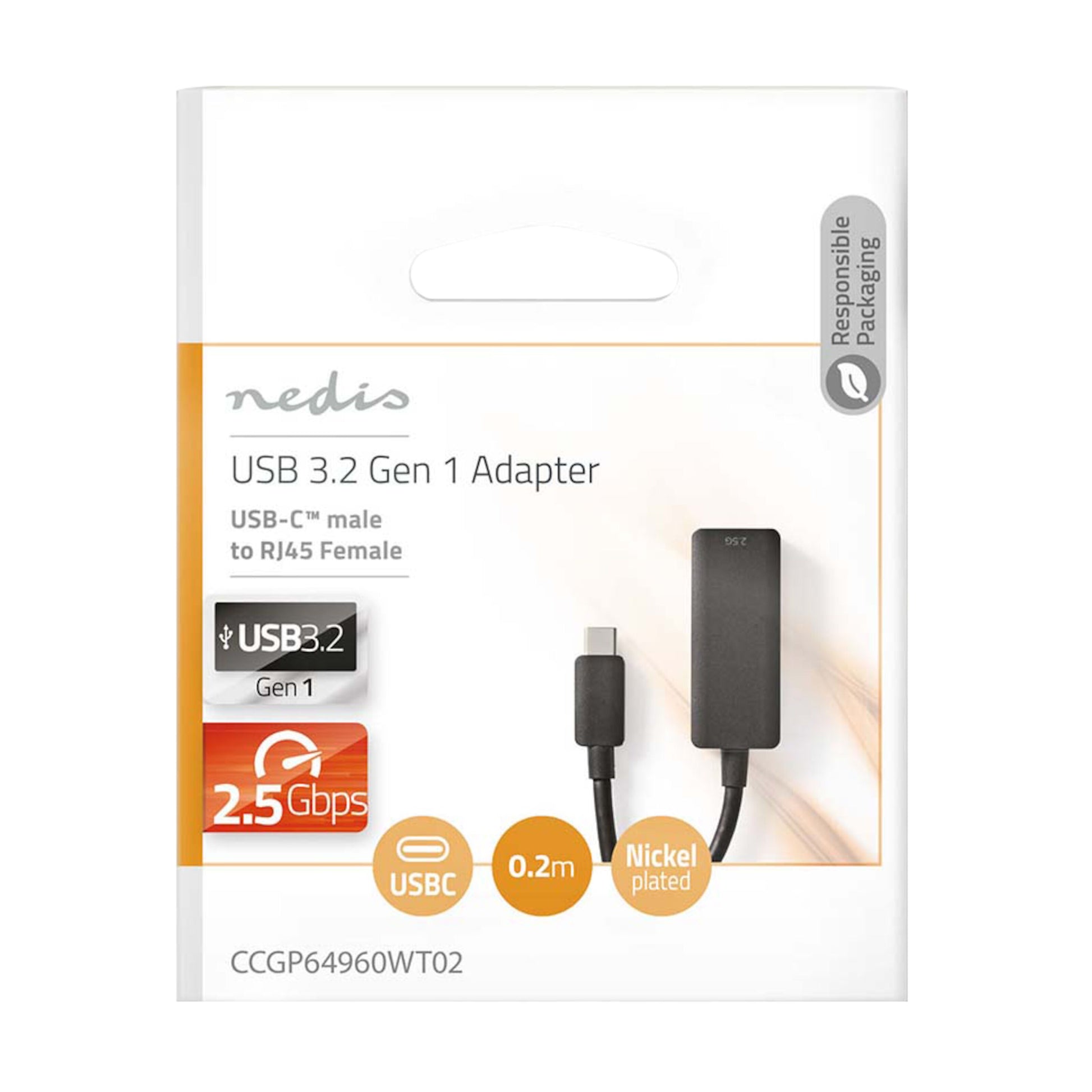 Nedis USB-C til RJ45 adapter 2,5 Gb/s, 0,2 m kabel, nikkelbelagt, vises på pakke med produktinfo.