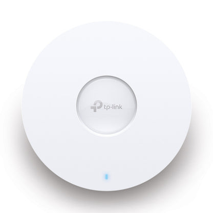 TP-Link Omada EAP610 WiFi 6 AX1800 access point, hvid, loftmonteret med forsænket center, TP-Link logo og blå LED.