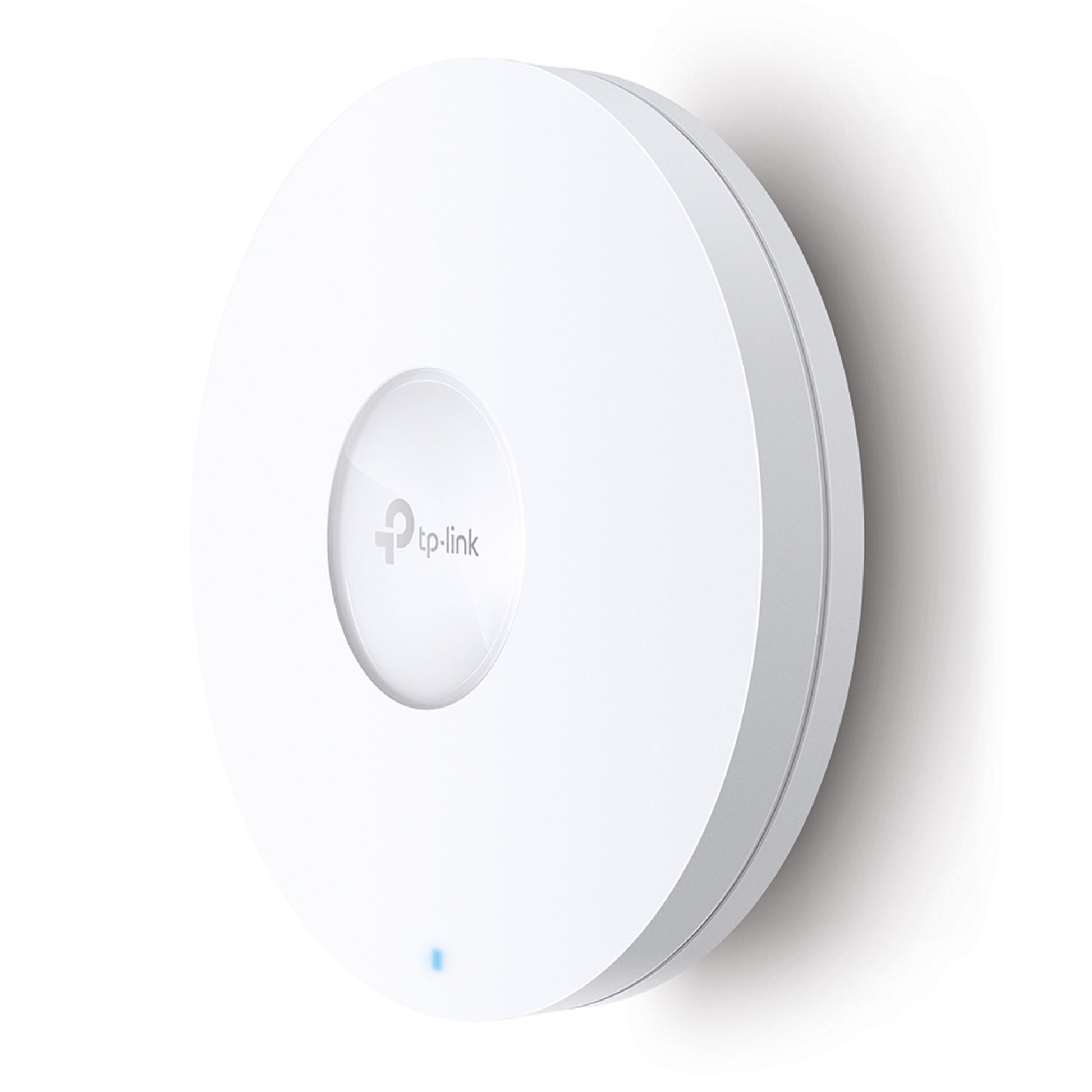 TP-Link Omada EAP610 WiFi 6 AX1800 access point, hvid, cirkulær, centralt logo, blå indikator nederst.
