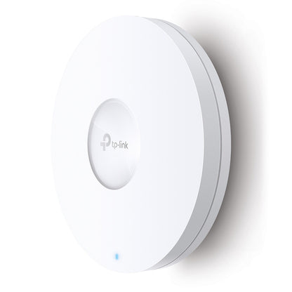 TP-Link Omada EAP610 WiFi 6 AX1800 access point, hvid, cirkulær, centralt logo, blå indikator nederst.