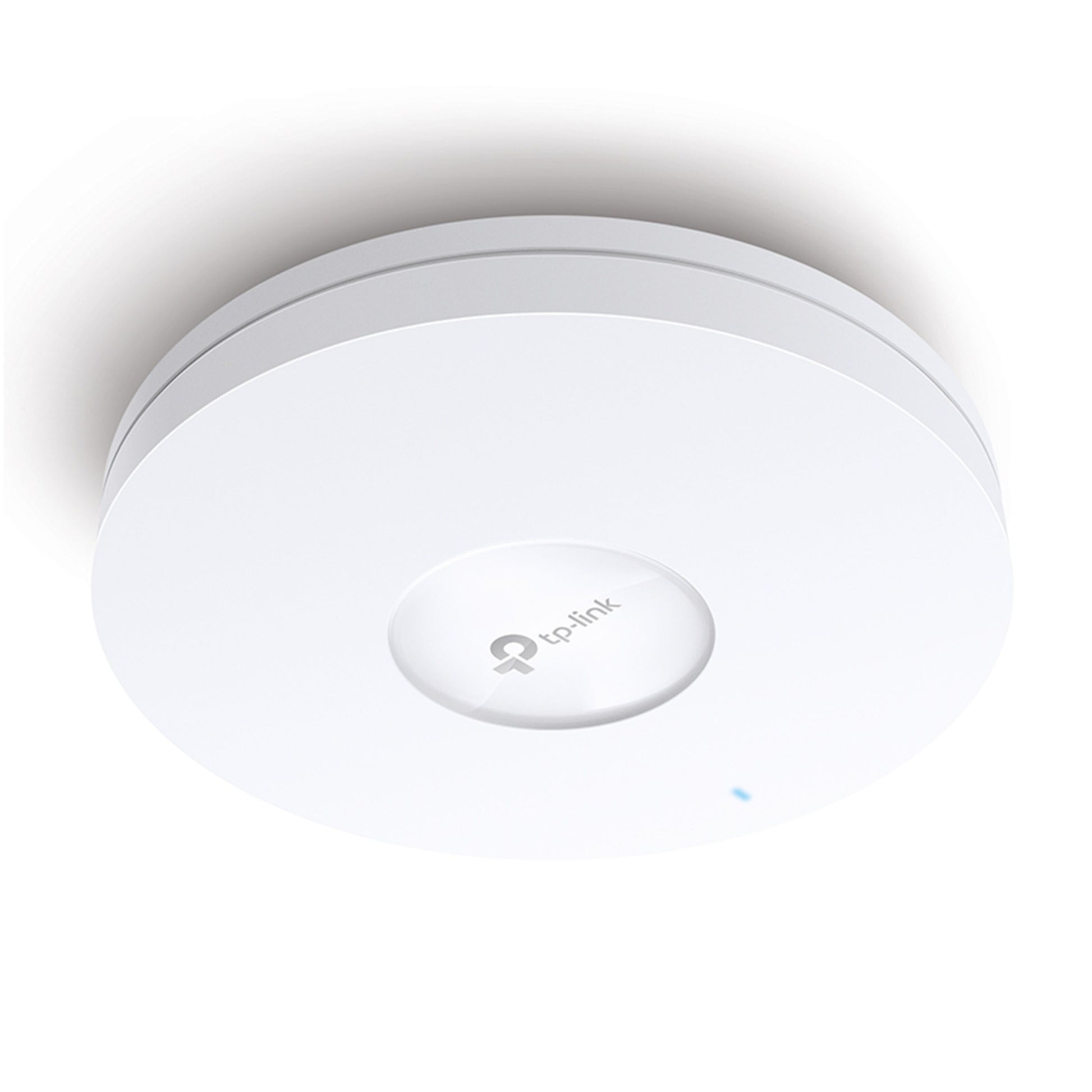 Tp-Link Omada EAP610 WiFi 6 AX1800 access point, rund og hvid, loftmonteret med centralt logo og blå indikatorlampe.
