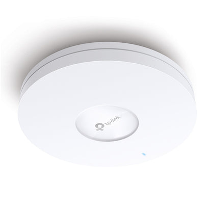 Tp-Link Omada EAP610 WiFi 6 AX1800 access point, rund og hvid, loftmonteret med centralt logo og blå indikatorlampe.