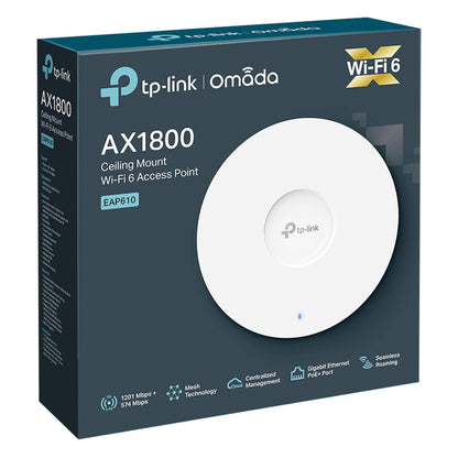 TP-Link Omada EAP610 WiFi 6 AX1800 access point detail på detailæske med modelinfo og produktbillede.