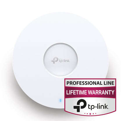 TP-Link Omada EAP610 WiFi 6 AX1800 access point hvid, rund, TP-Link logo centralt, badge med "Professional Line Lifetime Warranty.