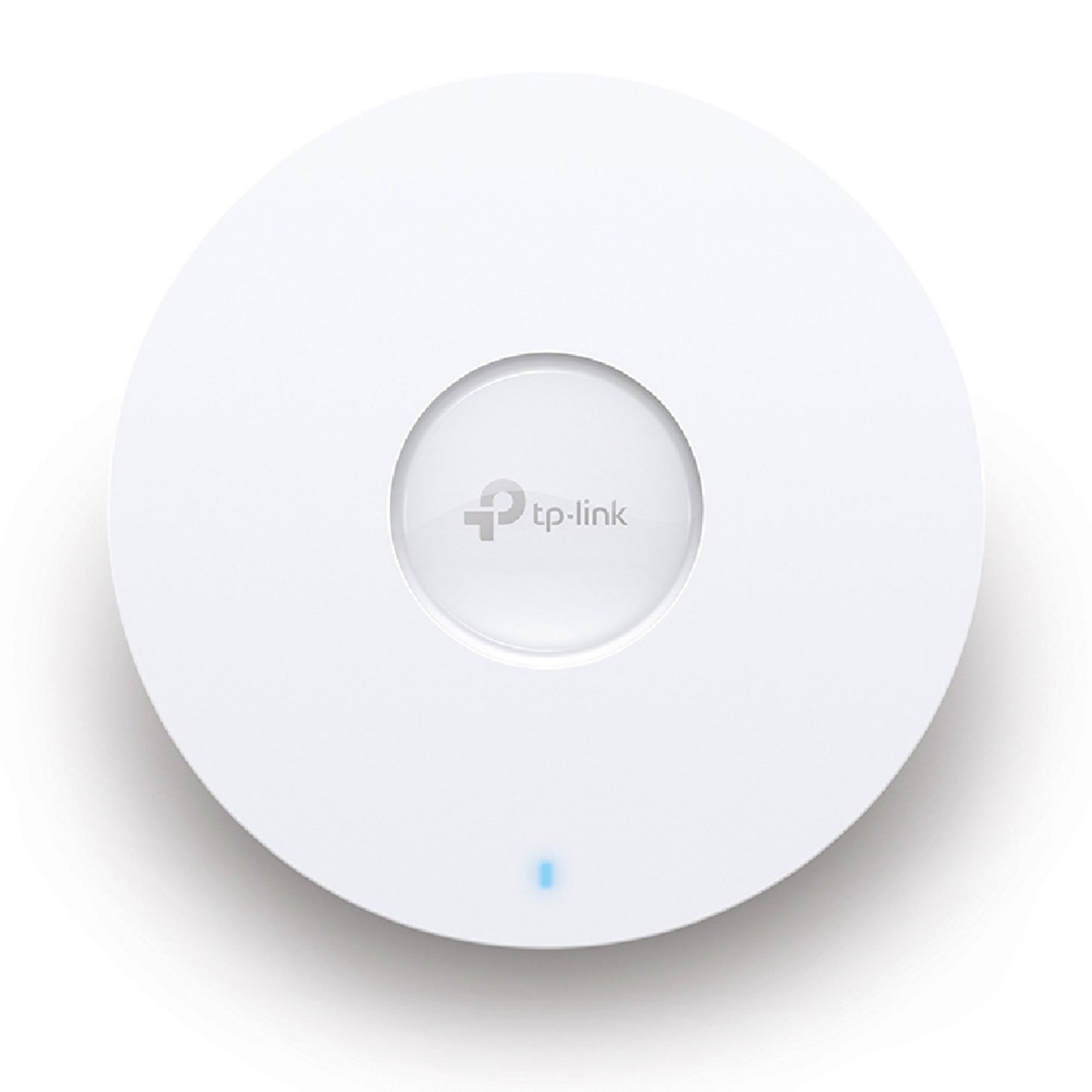 Tp-Link Omada EAP653 WiFi 6 AX3000 rundt hvidt adgangspunkt med Omada SDN-logo centralt og blå LED-indikator ved kanten.