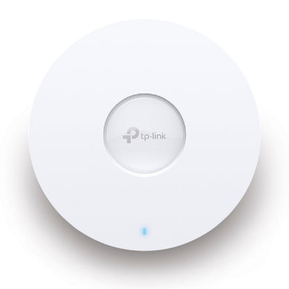 Tp-Link Omada EAP653 WiFi 6 AX3000 rundt hvidt adgangspunkt med Omada SDN-logo centralt og blå LED-indikator ved kanten.