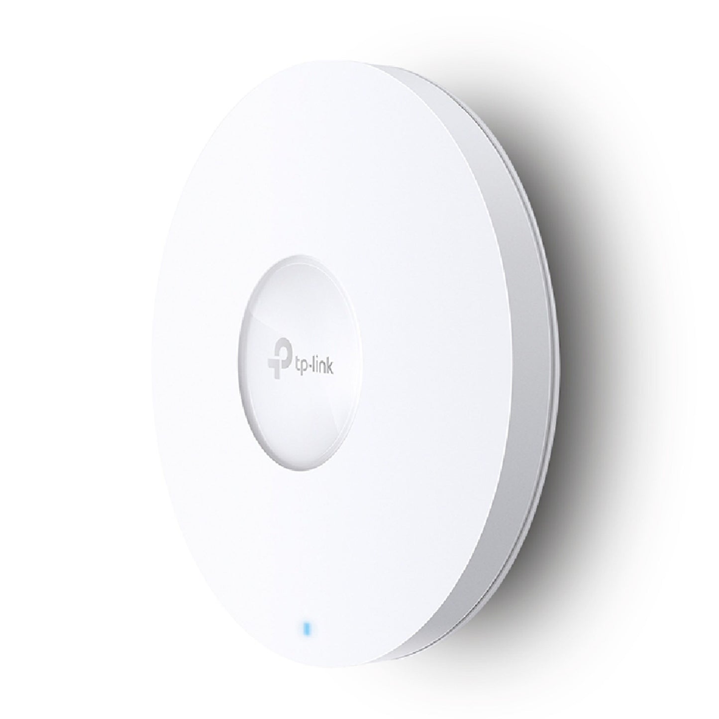 TP-Link EAP653 WiFi 6 AX3000 adgangspunkt, hvid, rund, blå indikatorlys, centralt TP-Link logo, vægmonteret.