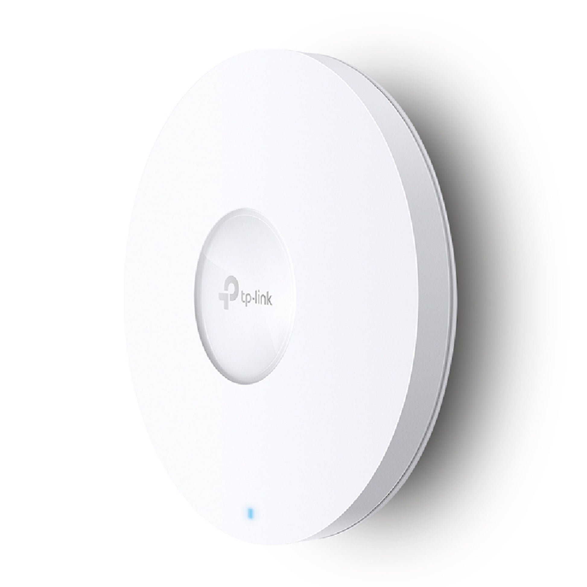 TP-Link EAP653 WiFi 6 AX3000 adgangspunkt, hvid, rund, blå indikatorlys, centralt TP-Link logo, vægmonteret.