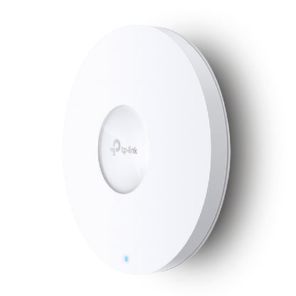 TP-Link EAP653 WiFi 6 AX3000 adgangspunkt, hvid, rund, blå indikatorlys, centralt TP-Link logo, vægmonteret.
