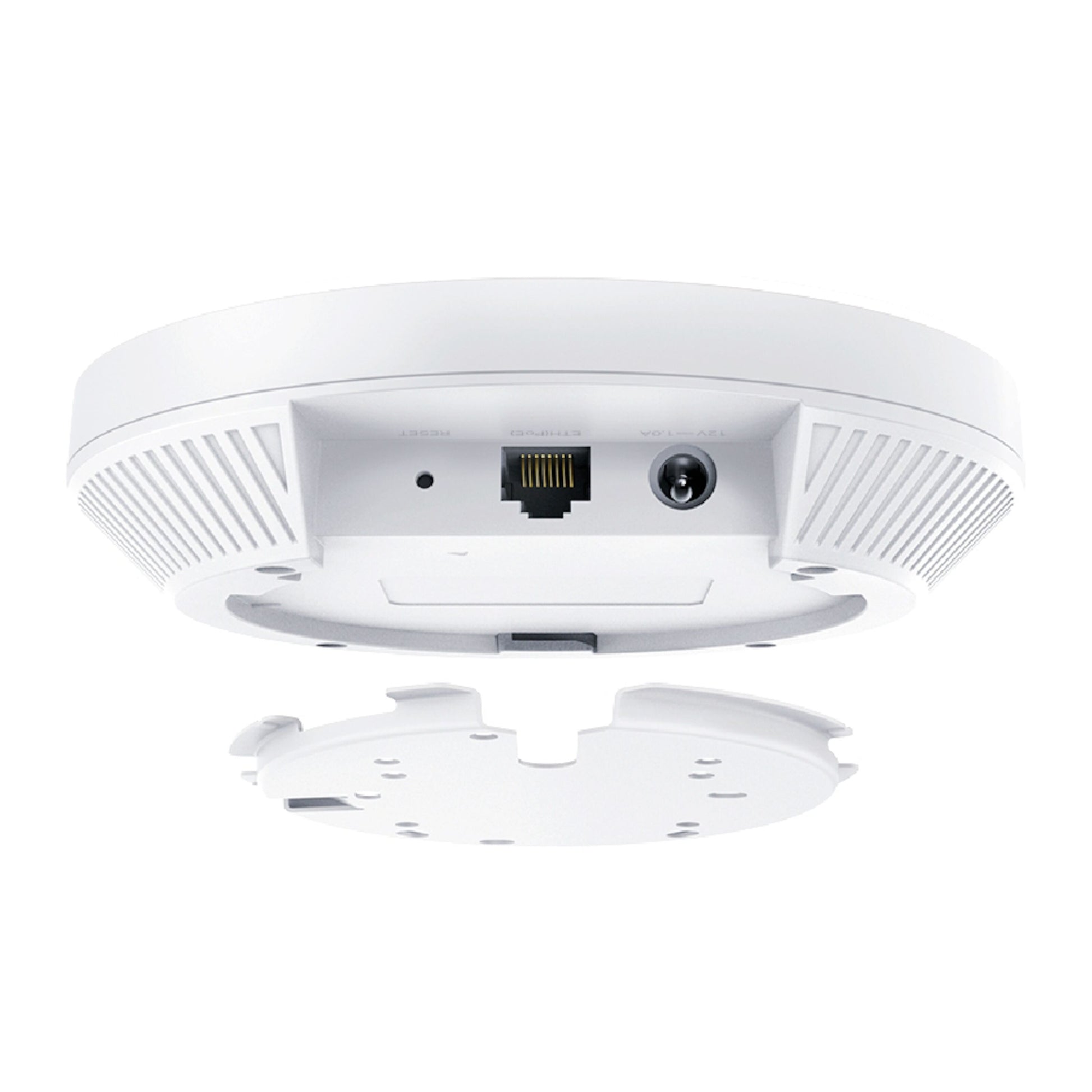 TP-Link Omada EAP653 WiFi 6 AX3000 adgangspunkt set nedefra med synlige Ethernet- og strømbøsninger, løs monteringsbeslag.