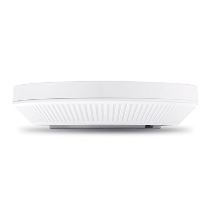 TP-Link Omada EAP653 Wifi 6 access point AX3000 hvid, rund med rillet underside, set nedefra, AX3000 og Omada SDN support.