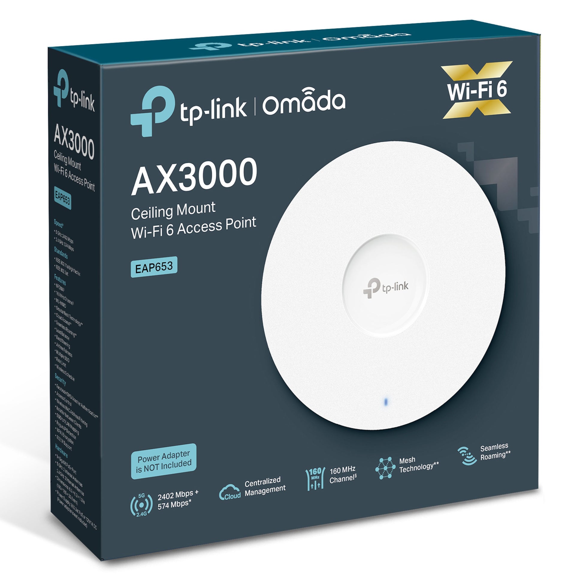 TP-Link Omada EAP653 WiFi 6 AX3000 adgangspunkt 2402 Mbps 5GHz, 574 Mbps 2.4GHz, SDN cloud, mesh, i original æske.