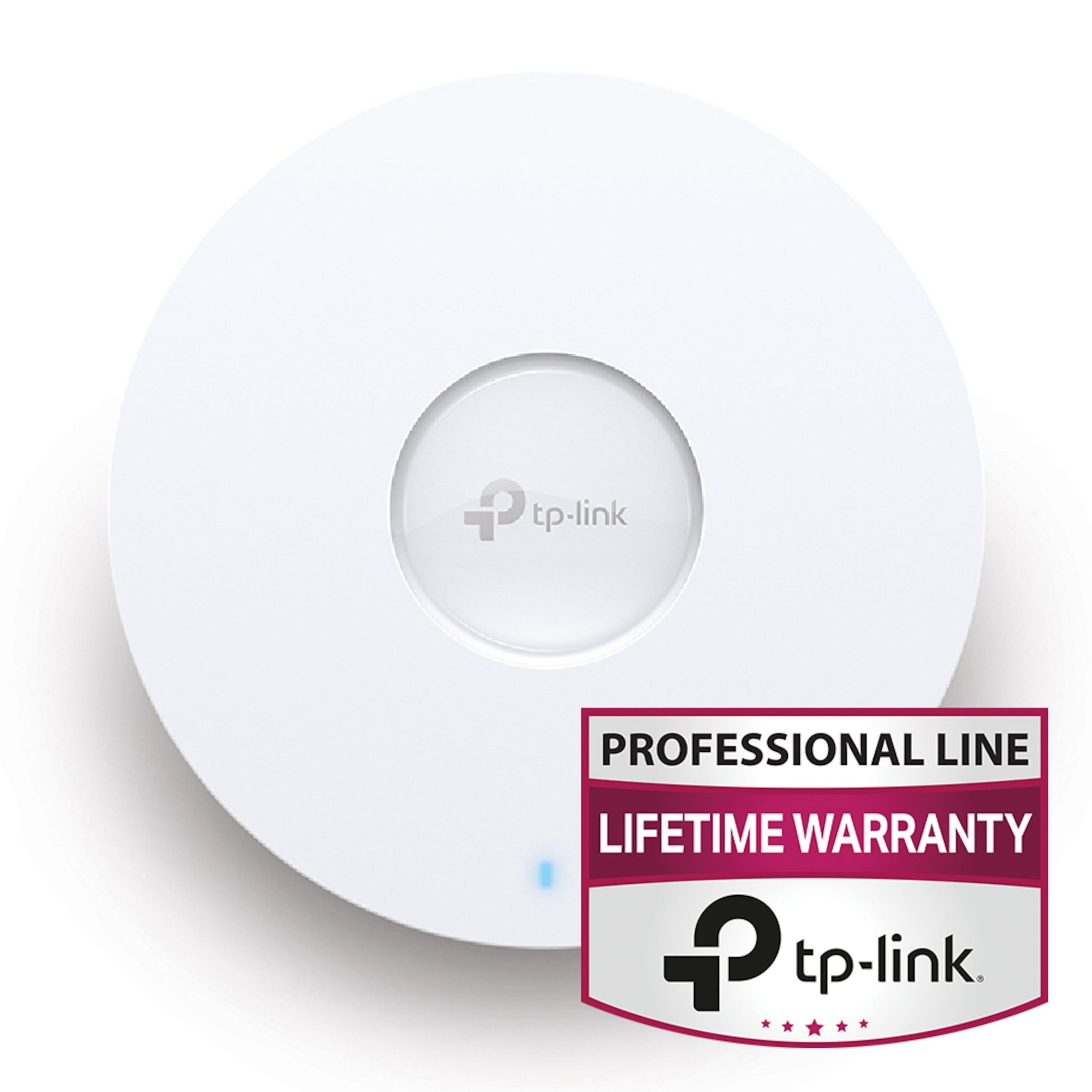 TP-Link Omada EAP653 WiFi 6 AX3000 hvidt rundt adgangspunkt, TP-Link logo i midten, badge: PROFESSIONAL LINE LIVSTIDSGARANTI.