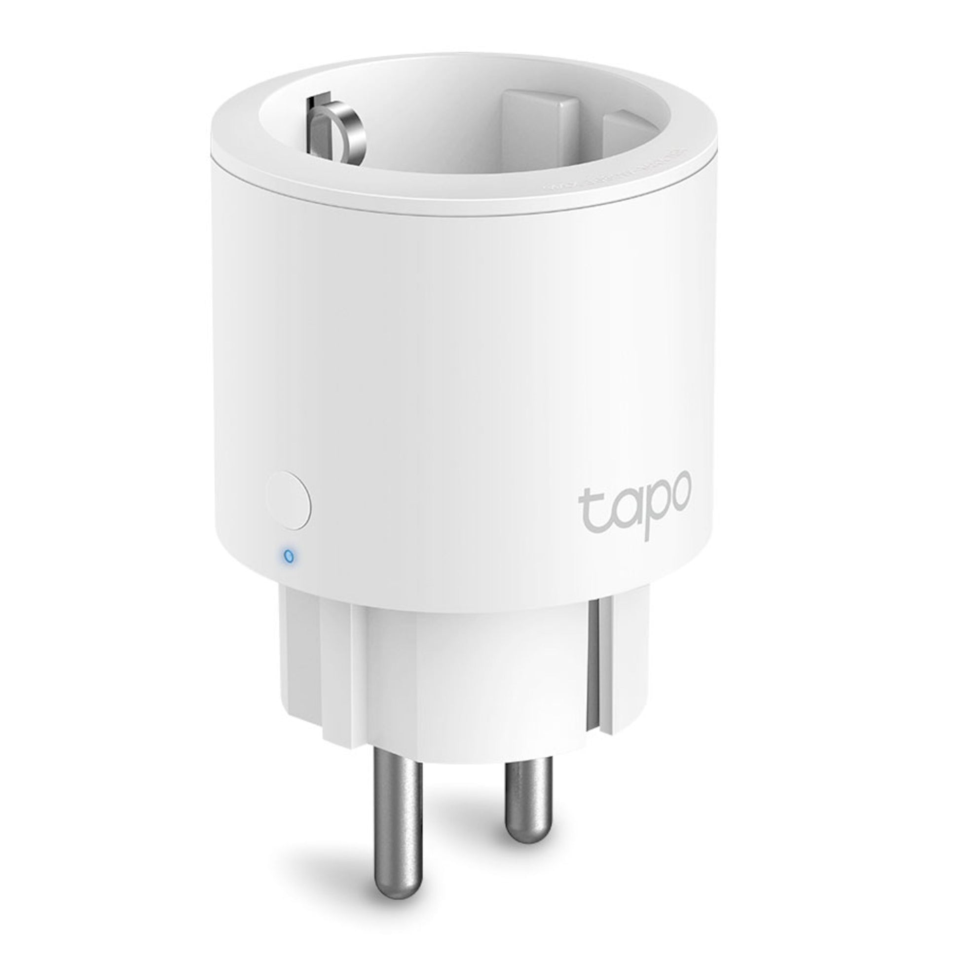 Tapo P115 smart wifi-fjernstrømskontakt med energimåling, to runde stikben, lille rund knap, TP-Link logo på siden.