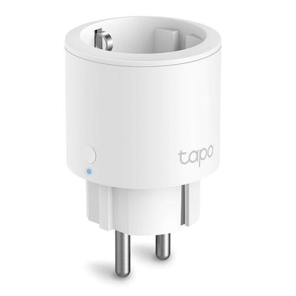 Tapo P115 smart wifi-fjernstrømskontakt med energimåling, to runde stikben, lille rund knap, TP-Link logo på siden.