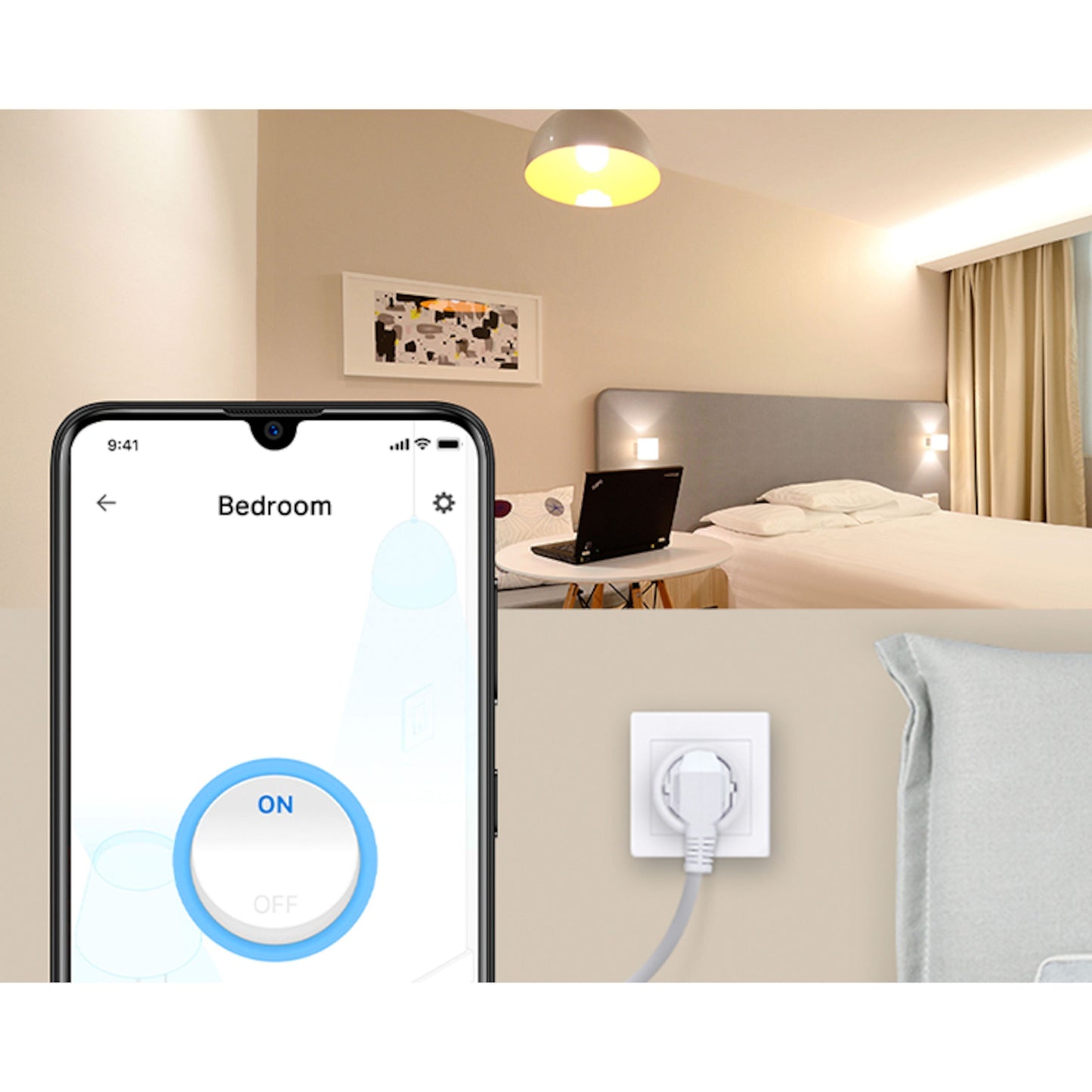 Tapo P115 smart wifi-fjernstrømskontakt i stikkontakt, fjernstyring vist på smartphone med app-interface.