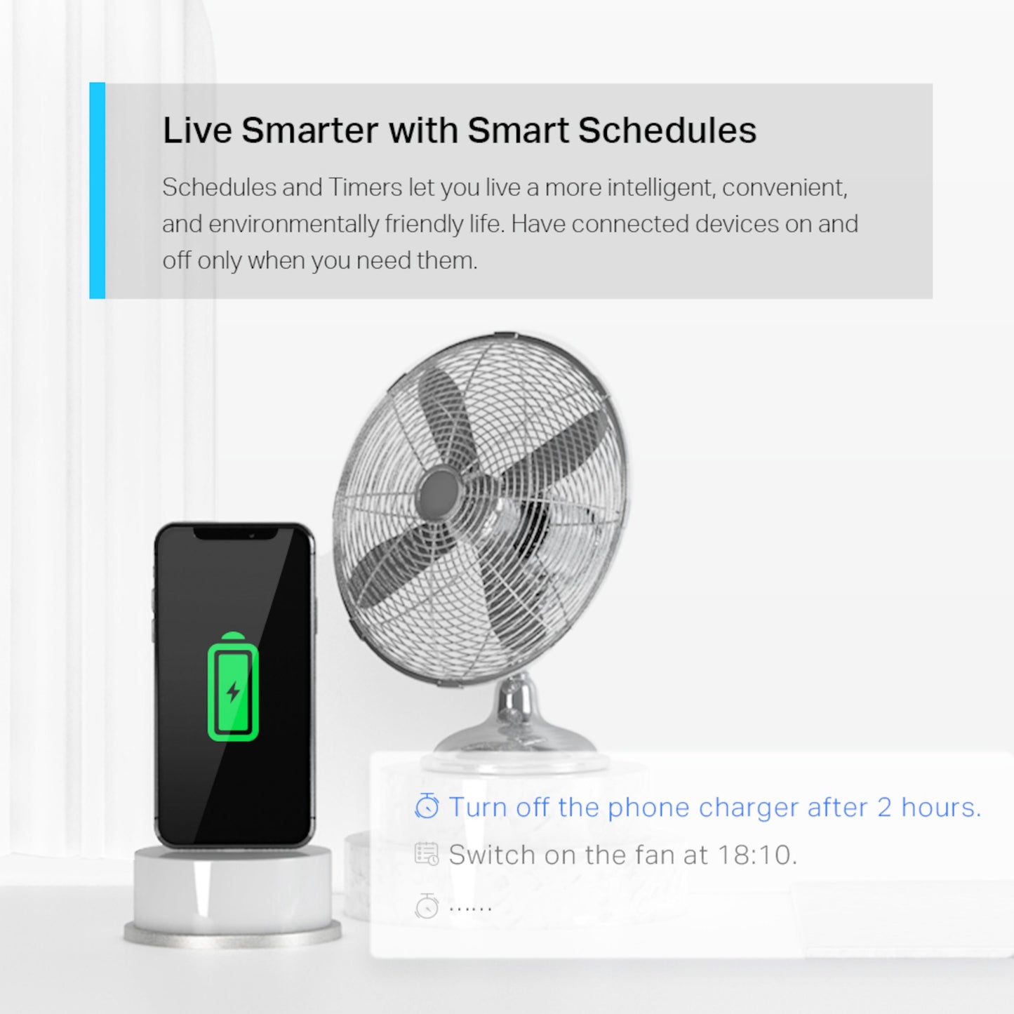 Tapo P115 smart WiFi-stik styrer ventilator og oplader med tidsplaner på skærmen, sort model.