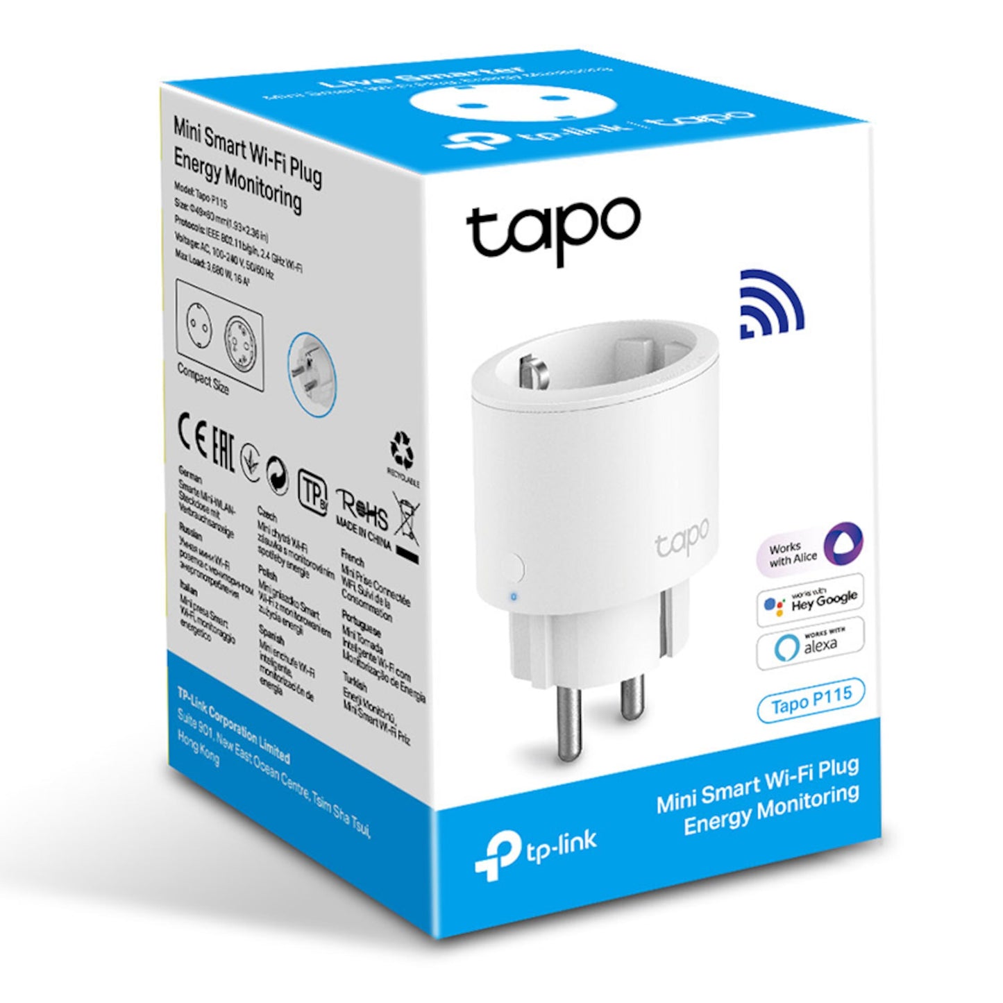 TP-Link Tapo P115 Smart Wifi-fjernstrømskontakt med energimåling blå/hvid æske, kompatibilitetsikoner, 1-pak.
